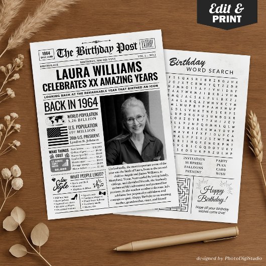 Cartes Pour Fêtes Annuelles Custom Back in 1964 Newspaper Birthday Card, Trend