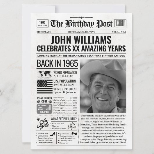 Cartes Pour Fêtes Annuelles Custom Back in 1965 Newspaper Birthday Card, Trend (Devant)