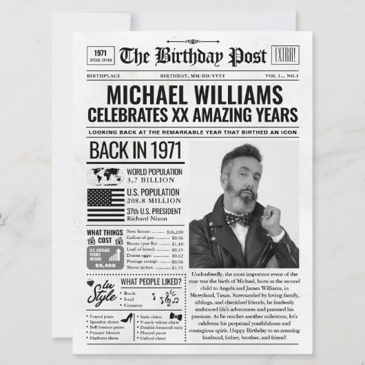 Cartes Pour Fêtes Annuelles Custom Back in 1971 Newspaper Birthday Card, Trend (Devant)