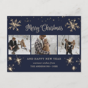 Cartes Pour Fêtes Annuelles Custom Blue 3 Photo Merry Christmas Postcards