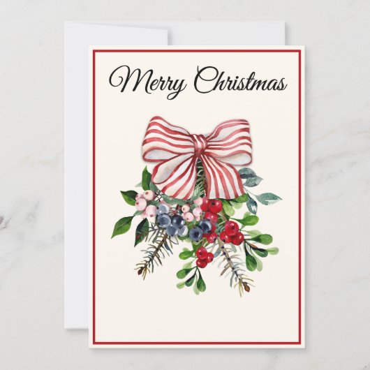 Cartes Pour Fêtes Annuelles Custom, Bow Berries & Foliage Flat Christmas Card (Devant)