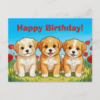 Cartes Pour Fêtes Annuelles Custom Cute Puppies & Red Poppies Happy Birthday