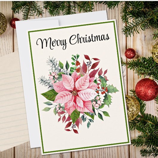 Cartes Pour Fêtes Annuelles Custom Elegant Pink Poinsettia Flat Christmas Card