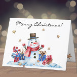 Cartes Pour Fêtes Annuelles Custom, Whimsy Retro Snowman Joyeux Noël<br><div class="desc">Une carte d'hiver joyeuse et fantaisiste décorée d'un bonhomme de neige rétro avec un chapeau haut, entourée de paquets emballés et de chutes d'étoiles d'or. Modifiez facilement le texte de script stylisé à l'avant, à l'intérieur et à l'arrière pour le rendre vôtre à l'aide du Modèle fourni. L'enveloppe blanche est...</div>