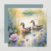 Cartes Pour Fêtes Annuelles Cute Aquarelle Canard N Fleur sauvage Blanc (Devant / Derrière)