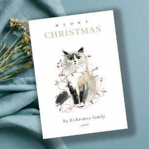 Cartes Pour Fêtes Annuelles Cute Aquarelle Moderne Meowy Feux de Noël Chat
