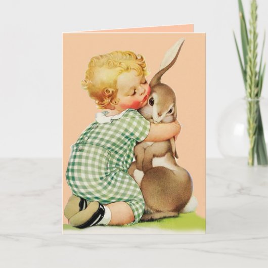 Cartes Pour Fêtes Annuelles CUTE BÉBÉ HUGGING RABBIT, Anniversaire rose (Devant)