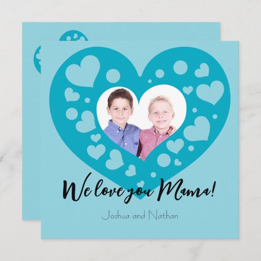 Cartes Pour Fêtes Annuelles Cute Blue coeurs photo Nous t'aimons maman (Devant / Derrière)