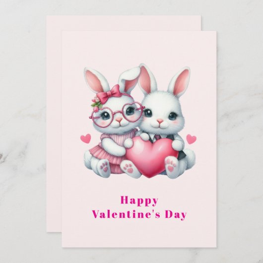 Cartes Pour Fêtes Annuelles Cute Bunnies Sharing a Heart Valentine's (Devant / Derrière)