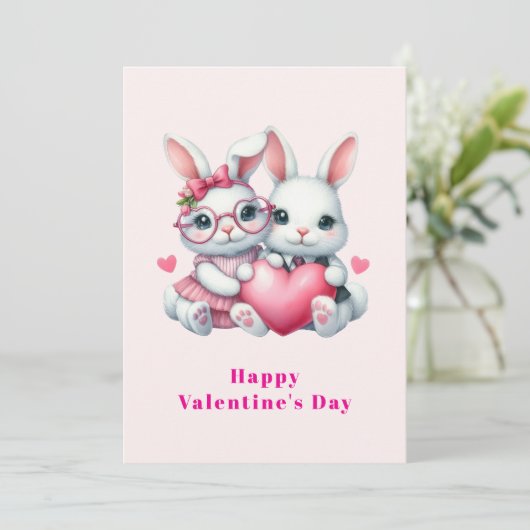 Cartes Pour Fêtes Annuelles Cute Bunnies Sharing a Heart Valentine's (Debout devant)
