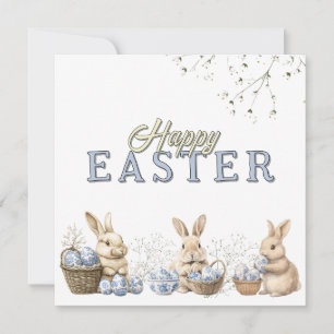 Cartes Pour Fêtes Annuelles Cute Bunnies & Toile Bleu Oeufs de Pâques