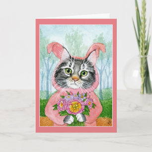 Cartes Pour Fêtes Annuelles Cute Chat aux fleurs en costume de lapin
