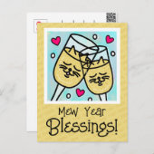 Cartes Pour Fêtes Annuelles Cute Chat Face Champagne Toit Nouvel An (Devant / Derrière)