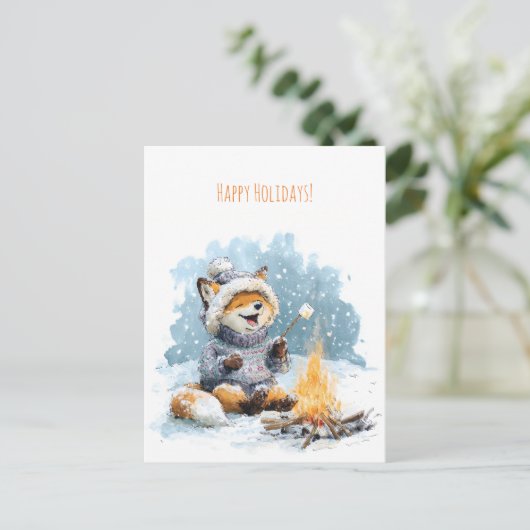 Cartes Pour Fêtes Annuelles Cute fox in warm sweater roasting marshmallows, (Debout devant)