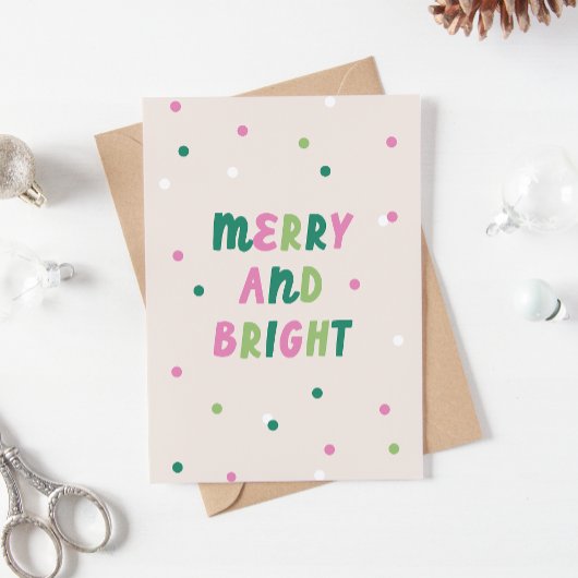 Cartes Pour Fêtes Annuelles Cute Green Pink Merry & Bright Confetti Christmas