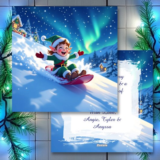 Cartes Pour Fêtes Annuelles Cute Happy Elf Sledding | Personalized Christmas