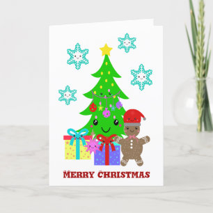 Cartes Pour Fêtes Annuelles Cute Kawaii Face Christmas Tree Scene, ZSG
