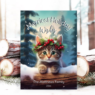Cartes Pour Fêtes Annuelles Cute Kitten Merriest Noël neige bois