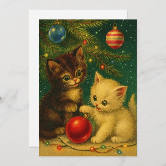 Cartes Pour Fêtes Annuelles Cute Kittens Under Christmas Tree Retro (Devant / Derrière)