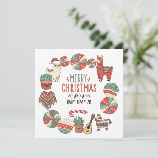 Cartes Pour Fêtes Annuelles Cute Llama and Poncho Andean Christmas Card (Debout devant)