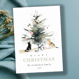 Cartes Pour Fêtes Annuelles Cute Moderne Aquarelle Meowy Arbre de Noël Chats
