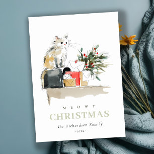 Cartes Pour Fêtes Annuelles Cute moderne aquarelle Meowy Noël Cadeau Chat
