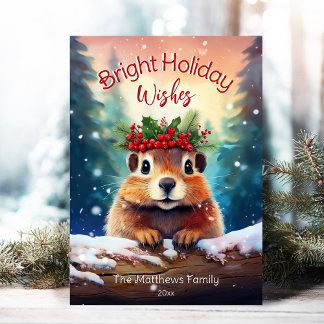 Cartes Pour Fêtes Annuelles Cute Peeking Gopher Snowy Enchanted Forest