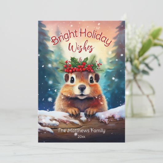 Cartes Pour Fêtes Annuelles Cute Peeking Gopher Snowy Enchanted Forest (Debout devant)