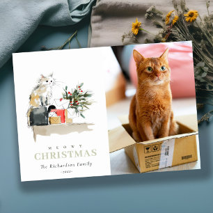 Cartes Pour Fêtes Annuelles Cute Photo Aquarelle Meowy Noël Cadeau Chat