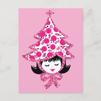Cartes Pour Fêtes Annuelles Cute Retro Pink Christmas Girl with Tree Hat