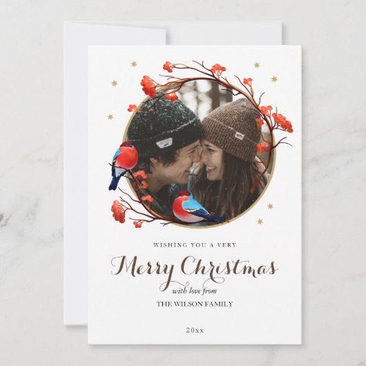 Cartes Pour Fêtes Annuelles Cute Robin Birds Berries Wreath Photo de Noël (Devant)