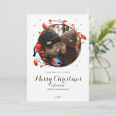 Cartes Pour Fêtes Annuelles Cute Robin Birds Berries Wreath Photo de Noël (Debout devant)