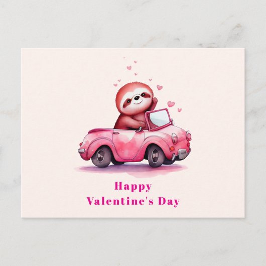 Cartes Pour Fêtes Annuelles Cute Sloth in a Pink Convertible Valentine's Day (Devant)