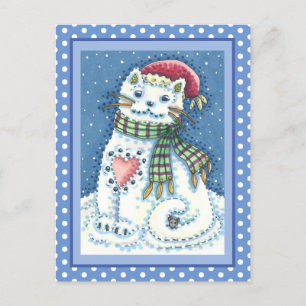 CARTES POUR FÊTES ANNUELLES CUTE SNOWMAN KITTEN, SNOWFLAKES CAT AND MOUSE