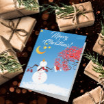 Cartes Pour Fêtes Annuelles Cute Snowman Regarde la Lune<br><div class="desc">Joli bonhomme de neige au-dessus d'un lot de monticule de neige. Tenant son casquette et des mitaines regardant vers le haut la lune d'or et les étoiles. Blue Sky et Red Tourbillonnant Branch Sucre de canne Tree rendent cette joyeuse carte de voeux de Noël et de Nouvel An adorable.</div>