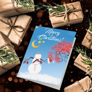 Cartes Pour Fêtes Annuelles Cute Snowman Regarde la Lune
