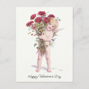 Cartes Pour Fêtes Annuelles Cute souriante Vintage Valentine Cupid avec Rose