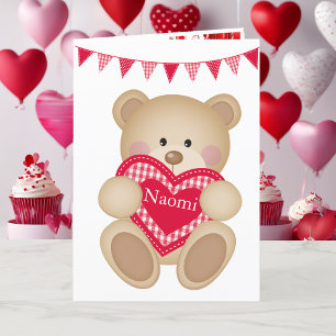 Cartes Pour Fêtes Annuelles Cute Teddy Bear w Red Heart Ajouter un nom