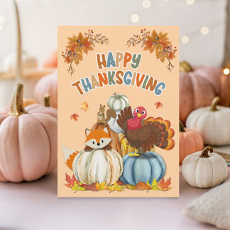 Cartes Pour Fêtes Annuelles Cute Turkey and Retro Pumpkins Happy Thanksgiving