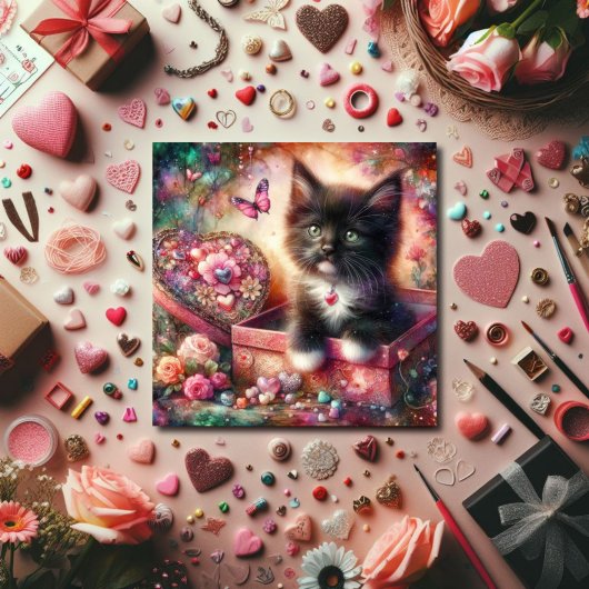 Cartes Pour Fêtes Annuelles Cute Tuxedo Kitten Fleurs Candy Coeurs Valentine