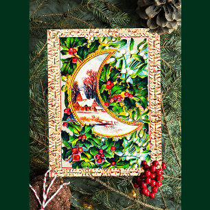 Cartes Pour Fêtes Annuelles Cute Vintage Christmas Moon House Holly Mistletoe