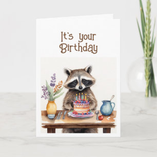 Cartes Pour Fêtes Annuelles Cute Whimsical Raccoon Anniversaire Manger au gâte