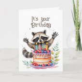 Cartes Pour Fêtes Annuelles Cute Whimsical Raccoon Anniversaire Manger au gâte (Devant)