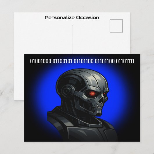 Cartes Pour Fêtes Annuelles Cyber Skull Blue Glow Binary Hello Tech Design  (Devant / Derrière)