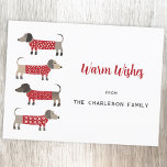 Cartes Pour Fêtes Annuelles Dachshund Chien amusant<br><div class="desc">Belle et adorable Dachshund Sausage ou Wiener chiens en chandail rouge et blanc festif. Modifiez le nom et le message d'accueil pour personnaliser. Reverse comporte un petit chien assorti. Art original de Nic Squirrell.</div>