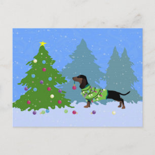 Cartes Pour Fêtes Annuelles Dachshund Décorer l'arbre de Noël dans la forêt
