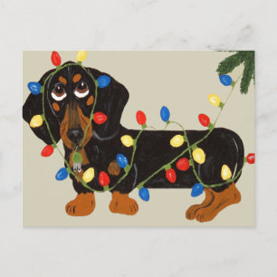 Cartes Pour Fêtes Annuelles Dachshund emmêlé dans les lumières de Noël Noir/Ta