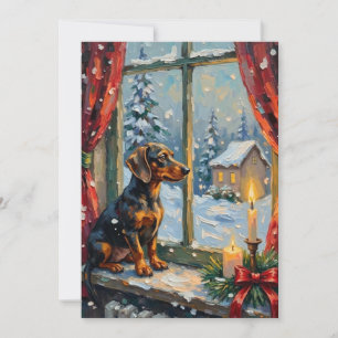 Cartes Pour Fêtes Annuelles Dachshund vintage devant une fenêtre de Noël cosy