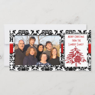 Cartes Pour Fêtes Annuelles Damas Noir & Blanc Avec Arbre Rouge Joyeux Noël