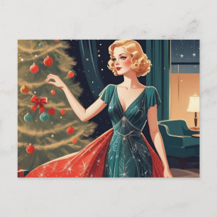 Cartes Pour Fêtes Annuelles Dame rétro en jolie robe, arbre de Noël